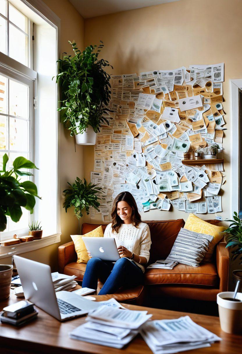 A cozy home office setting featuring a person happily reading emails on a laptop, surrounded by piles of cash and inspirational financial quotes on the walls. Let the sunlight stream in through a window, illuminating the space with a sense of hope and opportunity. Incorporate elements like a coffee cup and a plant for a warm atmosphere. super-realistic. vibrant colors. cozy interior.
