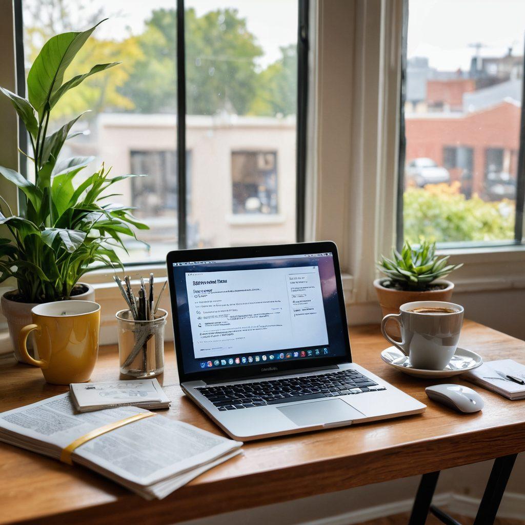 An inviting workspace with a cozy reading nook, featuring a stack of books and a laptop displaying an email monetization dashboard. A warm cup of coffee sits nearby, while dollar bills and coins scatter across a table, symbolizing income opportunities. Soft sunlight filters through a window, illuminating the scene and creating a productive atmosphere. super-realistic. vibrant colors. warm tones.