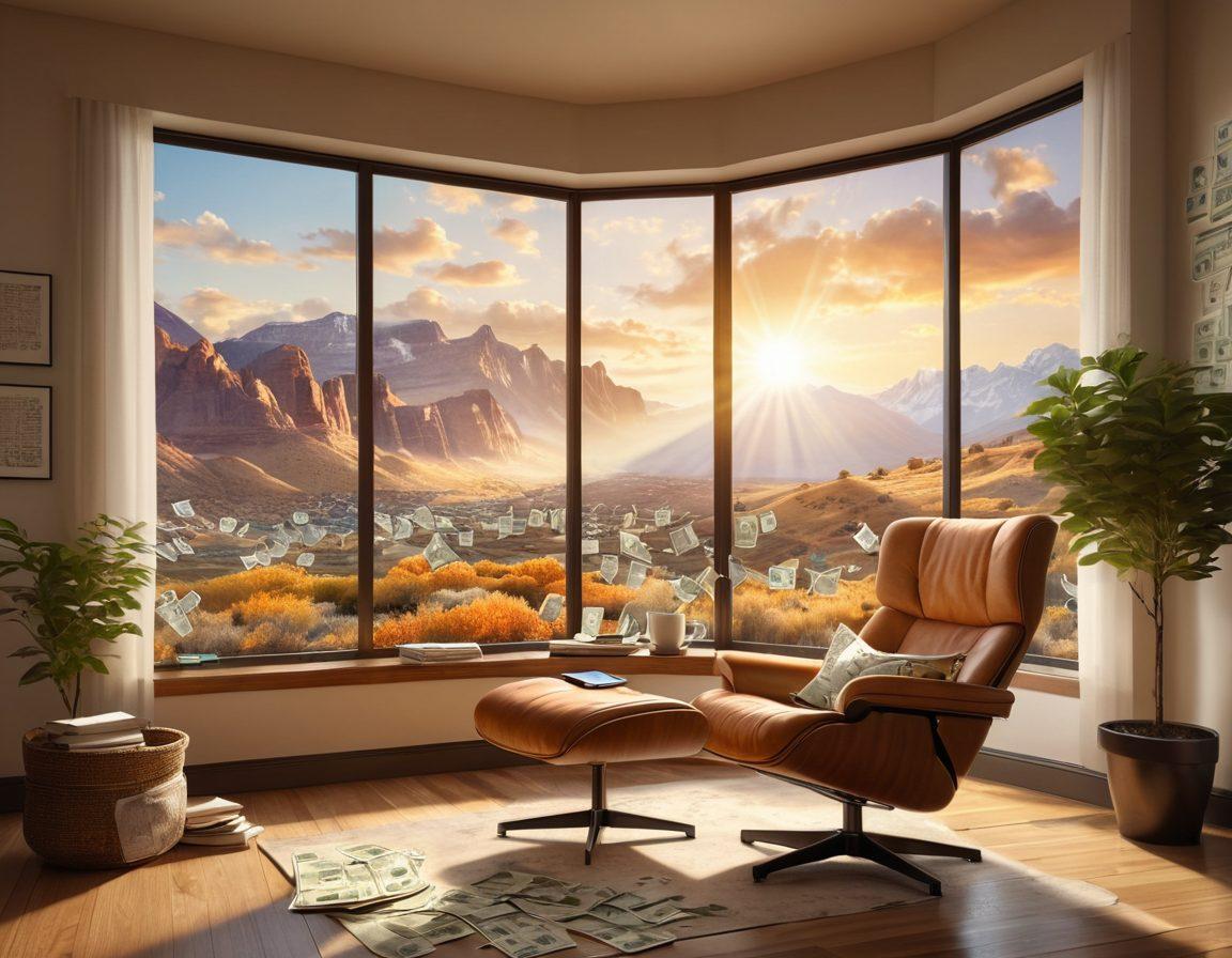 A cozy, inviting reading nook with a person lounging in a comfortable chair, reading an open book while surrounded by floating dollar bills and glowing digital notifications. A large window shows a sunny landscape outside, symbolizing opportunity and growth. Include a cup of coffee on a small table and a laptop with graphs showing income growth. warm colors. super-realistic. bright and cheerful atmosphere.